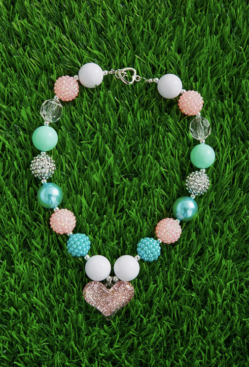 Multi-color bubble necklace w/heart pendant